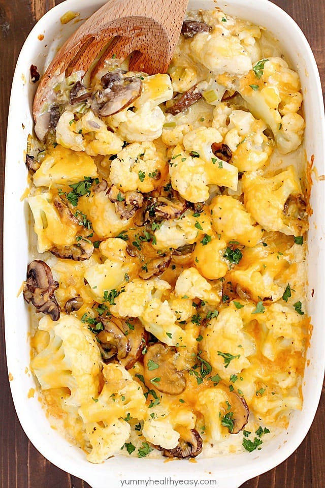 Cheesy Cauliflower Casserole makes the most delicious side dish or meatless main dish! Full of flavor with cauliflower, sautÈed mushrooms & leeks, and an easy cheesy sauce that won't pack on the calories. This is incredible! AD