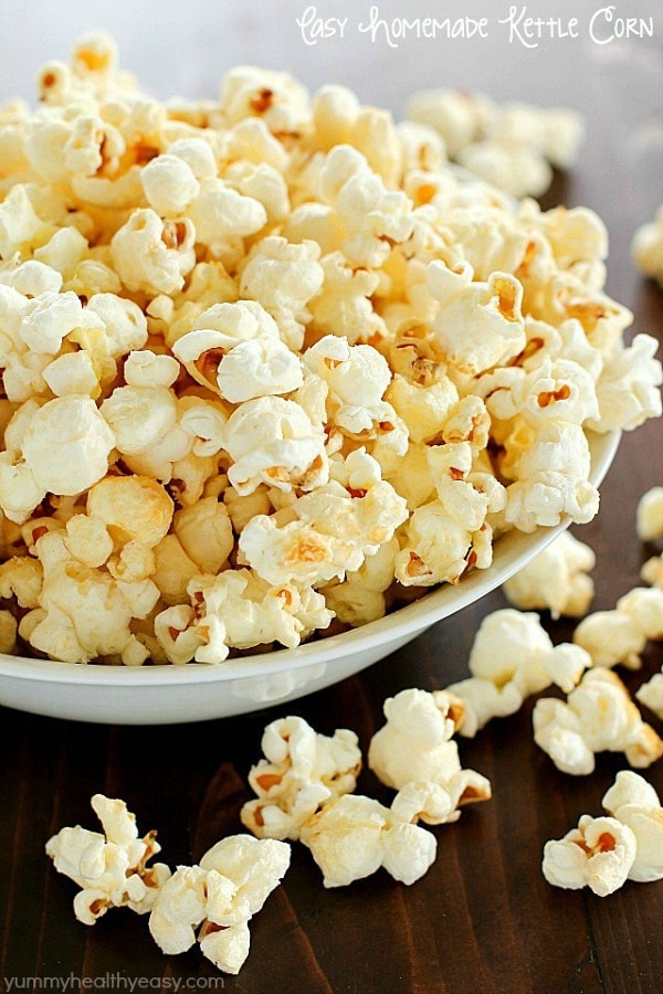 Homemade Kettle Corn that tastes like you bought it at the state fair AND it’s totally easy to make and healthier! Only a few ingredients and a few minutes and you’re enjoying kettle corn right at home!