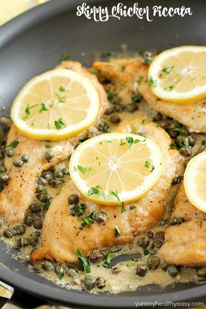 This Chicken Piccata Recipe is lighter (aka skinny) and is so easy to make! Perfect on a busy weeknight but also fancy enough to make when you have company over! Itís made in only one pan and is bursting with lemony, buttery, creamy flavor. So much flavor in every bite of tender chicken!