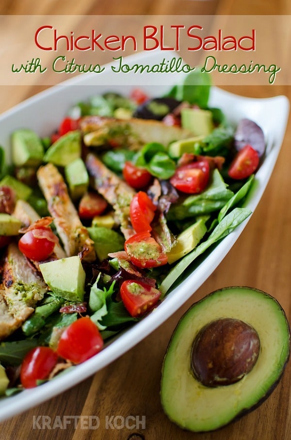This chicken BLT salad is so fresh and filling for a great meal on a summer day with it’s flavorful tangy citrus tomatillo dressing!