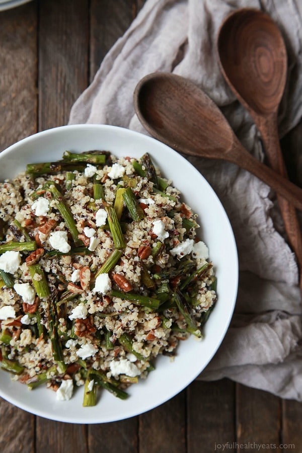 Creamy Goat Cheese Asparagus Quinoa Salad, loaded with delicious flavors your family will love. A quick easy gluten free recipe that makes a great lunch or side dish.