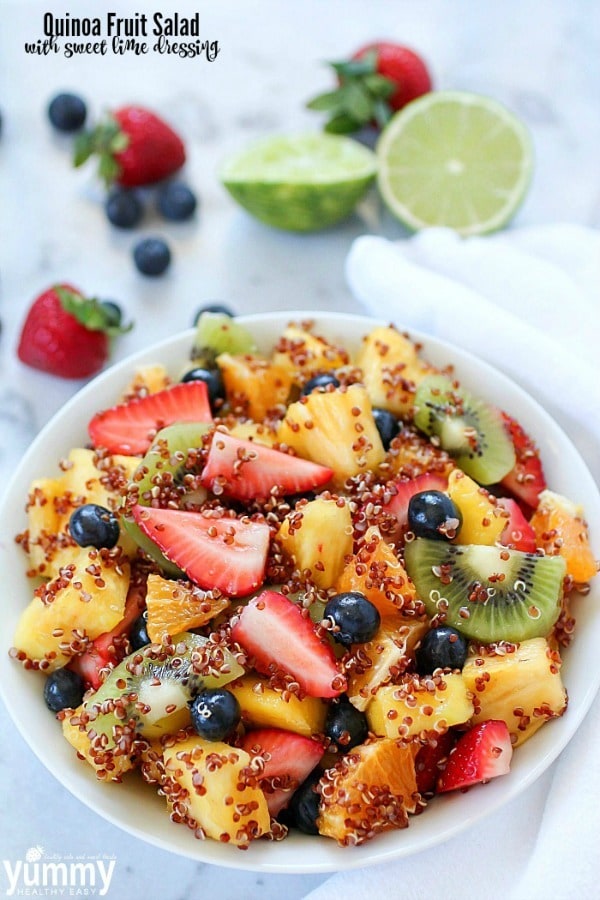 Quinoa Fruit Salad tossed in a Sweet Lime Dressing – a colorful, healthy side dish that goes with any meal!