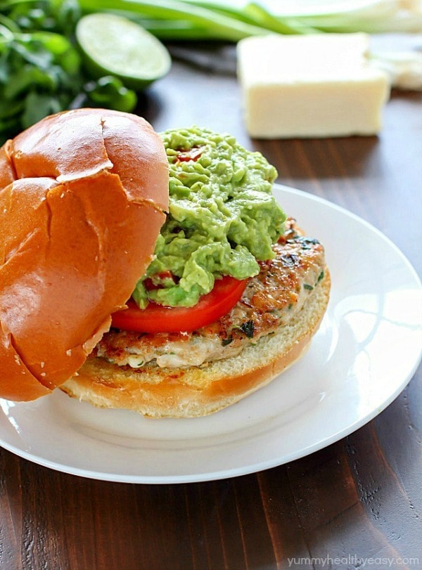 The juiciest, most delicious, guacamole chicken burgers! Super simple to make – serve on buns with a layer of guacamole on the top. Amazing!