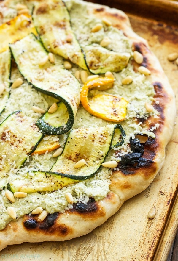 This Grilled Zucchini, Ricotta and Pine Nut Pizza is perfect for an easy dinner or cut it into small pieces for a great summer appetizer!