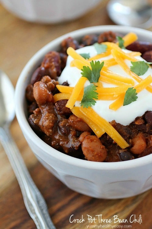 Crock Pot Three Bean Chili that is packed with flavor! You will love this easy chili cooked right in the slow cooker with real, simple ingredients.