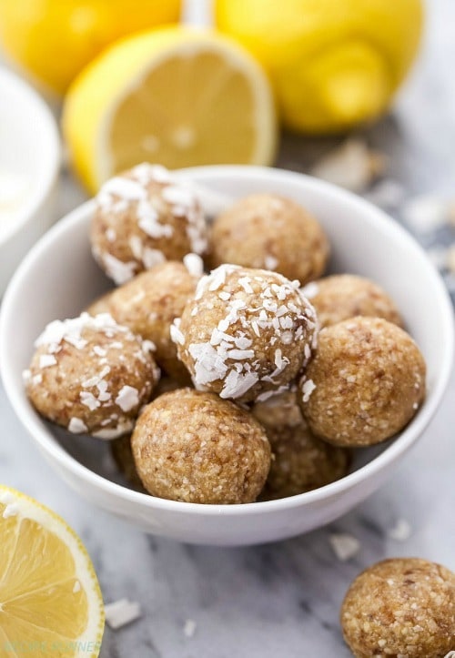 Add a bit of fresh lemony flavor to your pre or post workout snack! These Lemon Coconut Cashew Energy Bites are easy to make, only use 4 ingredients, and they’re paleo, vegan and gluten-free!