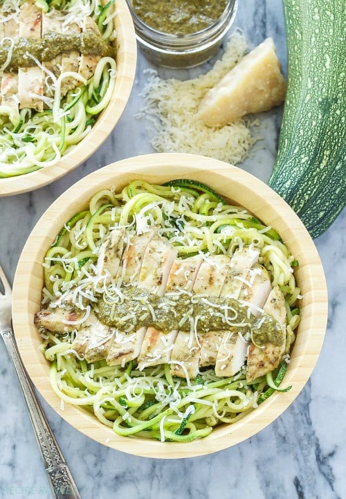 Juicy chicken marinated in pesto is the perfect protein to top these healthy and delicious zucchini noodles! A fast and easy alternative to your regular pasta dinner!