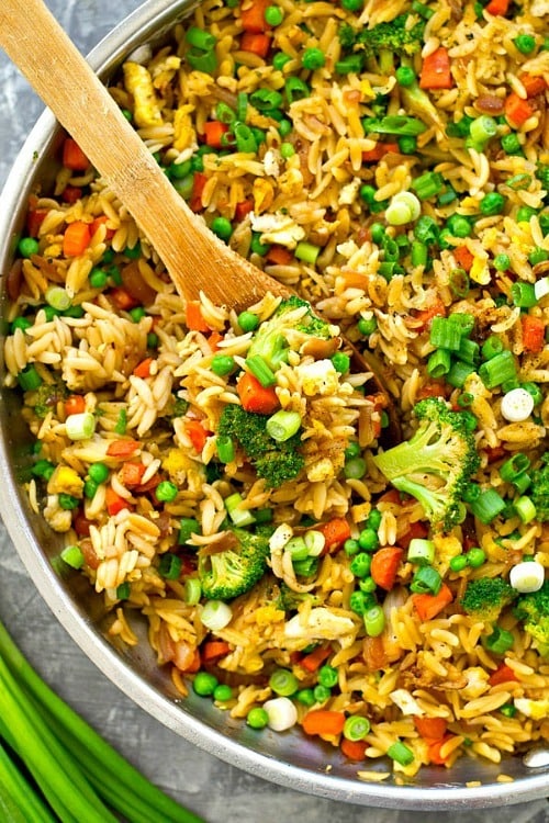 This healthier vegetarian take on classic fried rice uses orzo instead of rice and a rainbow of fresh vegetables! You’ll only need a few ingredients and 30 minutes to put it on the dinner table.