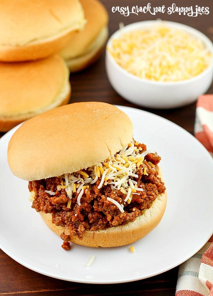 Crock Pot Sloppy Joes! It doesn't get much easier than a little ground beef, (or turkey!) some spices and ketchup, thrown all in a crock pot and then 4 - 6 hours later - dinner is ready! I love serving mine on a whole wheat bun with a slice of cheese and a side of veggies. YUM!