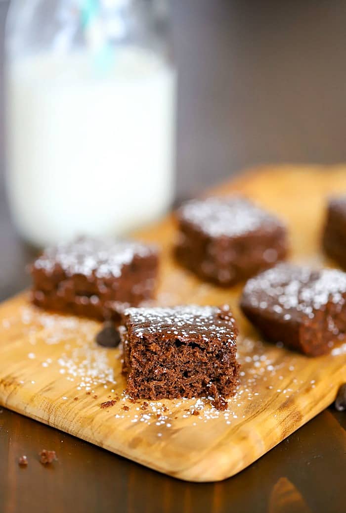 Brownie Bites Recipe topped with powdered sugar and a glass of milk on the side. :)
