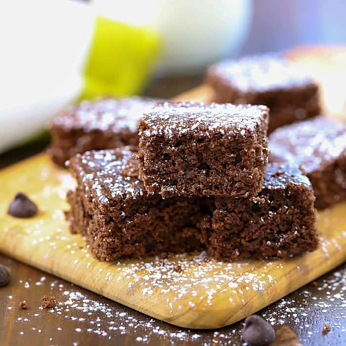 Yummy pile of chocolate Brownie Bites that are easy to make and are a healthier alternative to regular brownies!