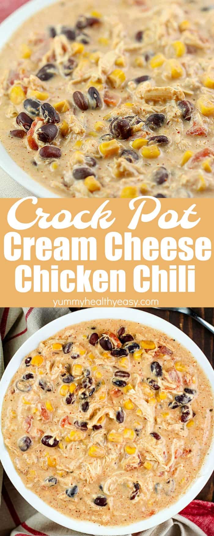 Throw this Crock Pot Cream Cheese Chicken Chili recipe into your slow cooker in the morning and you'll have a delicious chili at dinnertime your whole family will love! This is my family's favorite dinner! #chili #easy #recipe #crockpot #slowcooker #creamcheese #chicken #beans #creamy via @jennikolaus
