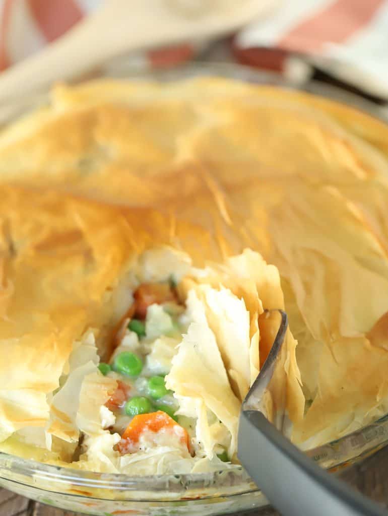 Chicken pot pie is cut into it.  Ready to serve.