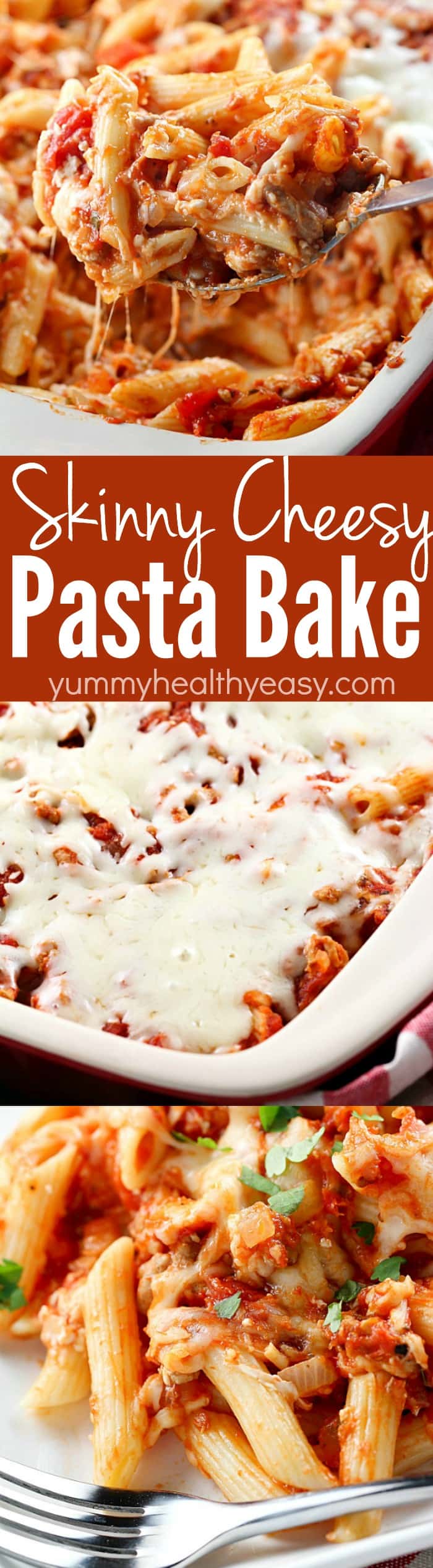 Skinny Cheesy Pasta Bake is a delicious layered casserole made lighter by using ground turkey and whole wheat pasta!