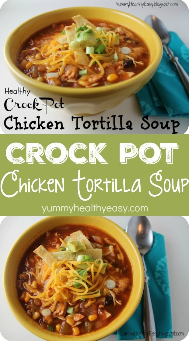 Healthy Chicken Tortilla Soup cooked right in the crock pot for an easy and delicious dinner! Tender chicken, beans and corn in a flavorful broth served with homemade crispy tortilla strips. Yum!