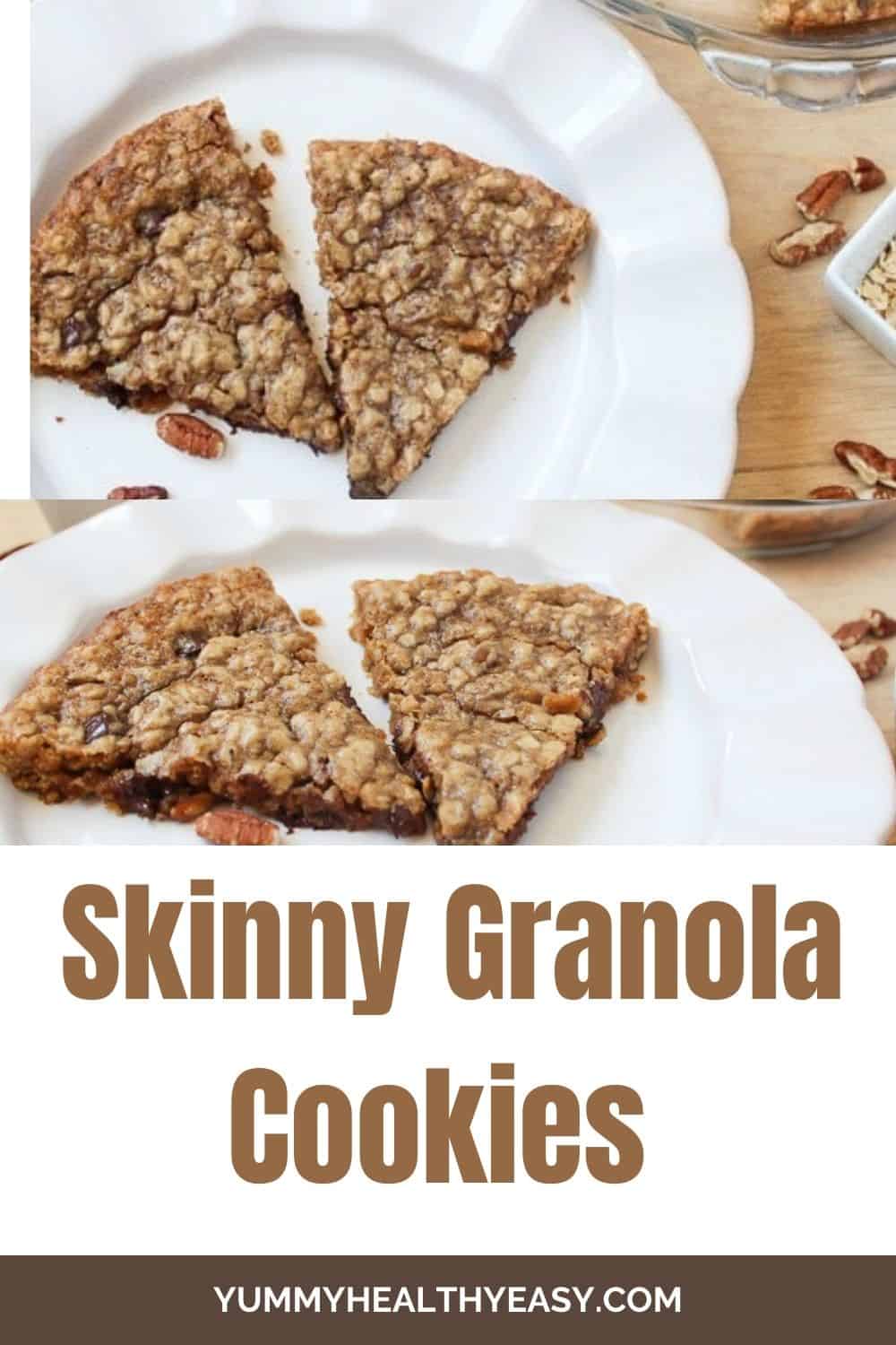 Skinny Granola Cookie Wedges taste like a chocolate chip cookie but is in the shape of a pie, but also tastes like granola AND is easy and low calorie all at the same time. #healthydessert #cookies #granola #chocolate #dessert #healthy #easydessert via @jennikolaus
