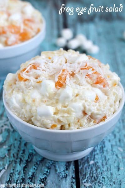 Frog Eye Fruit Salad - the best fruit salad EVER using acini de pepe pasta (aka frog eyes) and a yummy sauce mixed with pineapple, mandarin oranges, marshmallows and Cool Whip. A family favorite!