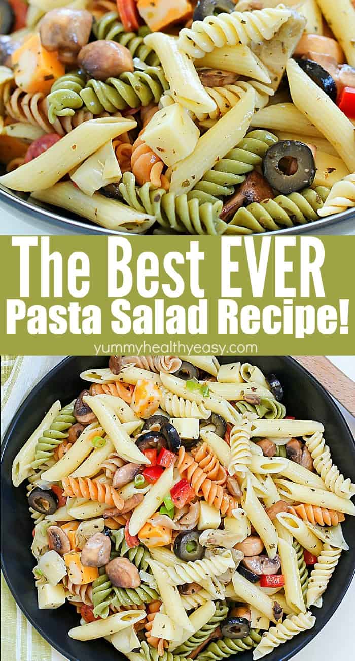 This unbelievable Best Ever Pasta Salad will be the hit of the picnic! Full of pasta, cheeses, pepperoni, olives and veggies and topped with a homemade dressing - this will be an instant potluck favorite! #pastasalad #recipe #pasta #salad #summertime #easyrecipe #potluck #picnic via @jennikolaus