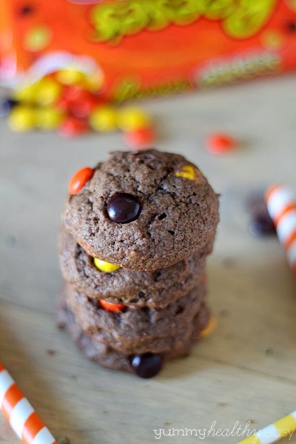 Soft & chewy chocolate cookies with Reese's Pieces candies inside!