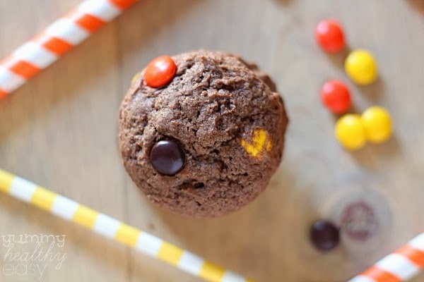 Soft & chewy chocolate cookies with Reese's Pieces candies inside!