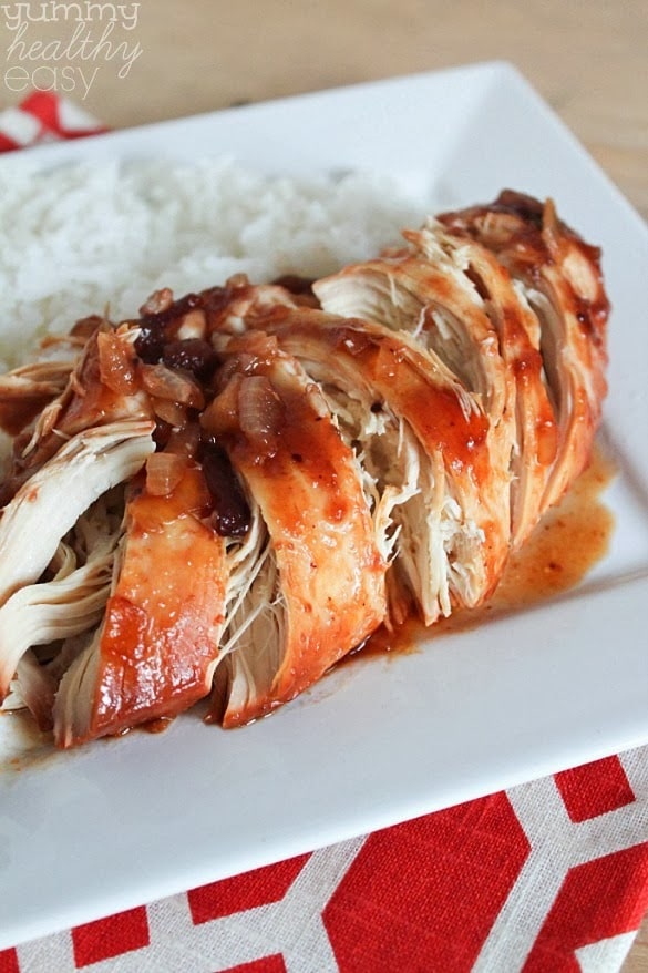 easy crock pot chicken made with cranberry sauce and bbq sauce
