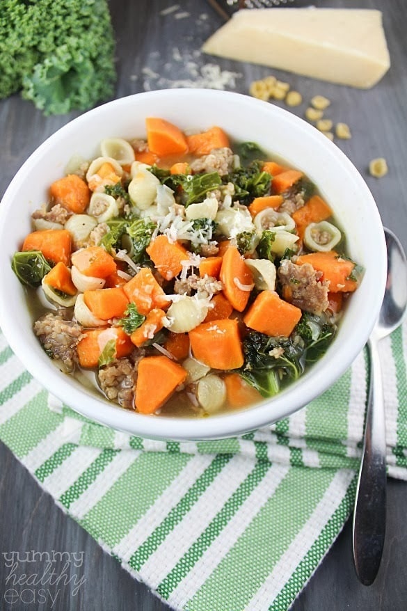 Hearty and delicious soup filled with sweet potatoes, sausage, kale and little pasta shells. 