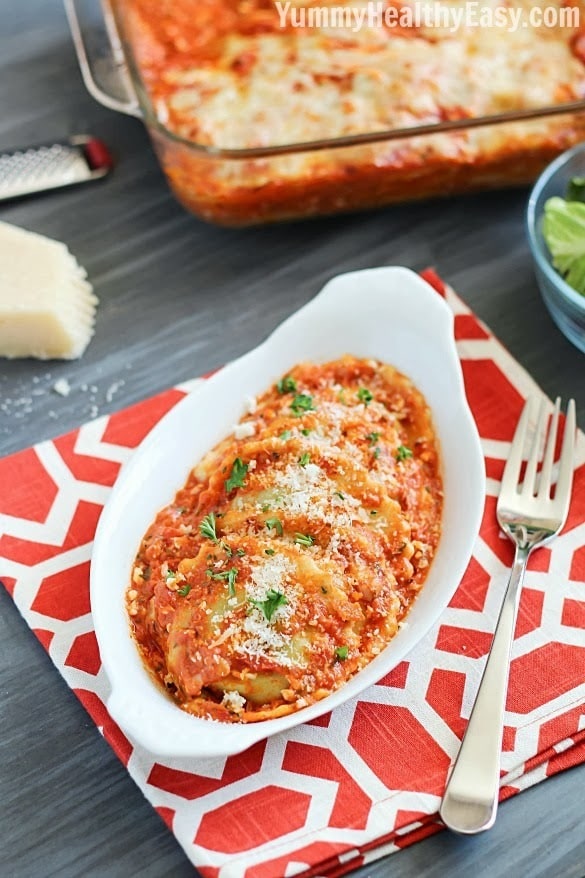 Ravioli smothered in a delicious marinara sauce with a little creamy twist and then baked.