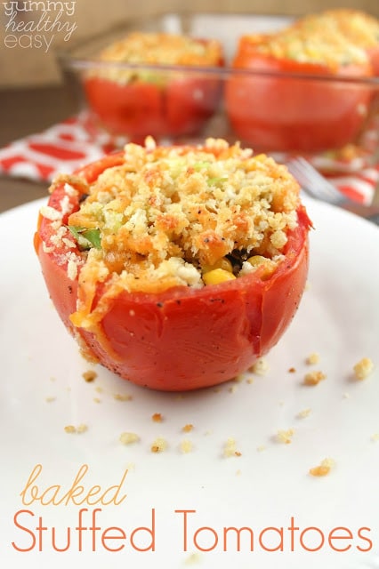 Baked Stuffed Tomatoes stuffed full of corn, black beans, breadcrumbs, jalapeño, cheese and plain deliciousness. You will love serving these Baked Stuffed Tomatoes with your next meal.