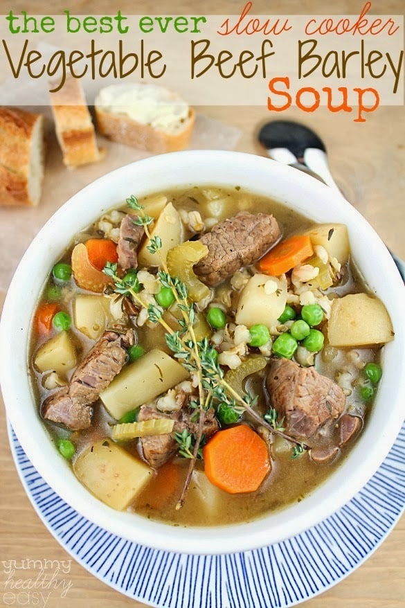 Amazing slow cooker soup full of tender vegetables, beef and flavorful broth