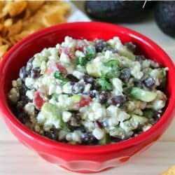 Bright red bowl filled with Cottage Cheese Taco Dip + 43 Healthy Snack Ideas