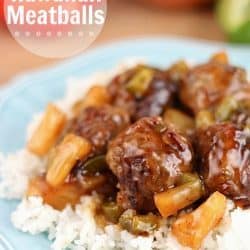 These Hawaiian Meatballs are made with a ground beef mixture that includes graham cracker crumbs, then cooked with an easy tangy sweet and sour sauce, pineapple tidbits and green peppers. 30 minute or less meal!