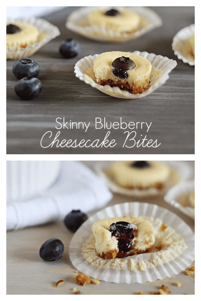 These Skinny Blueberry Cheesecake Bites have a crunchy crust and smooth cheesecake filling with a blueberry placed right in the center. When you bite into the middle, the blueberry explodes and almost makes a little jam topping. It is SO good! #blueberry #cheesecake #fingerfood #dessert #dessertrecipe via @jennikolaus