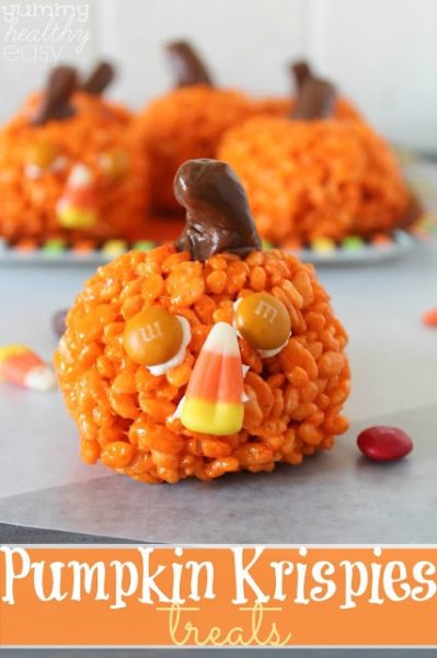 Pumpkin Krispies Treats - easy rice krispie treats that look just like pumpkins! Perfect treat for kids for halloween, thanksgiving or fall in general!