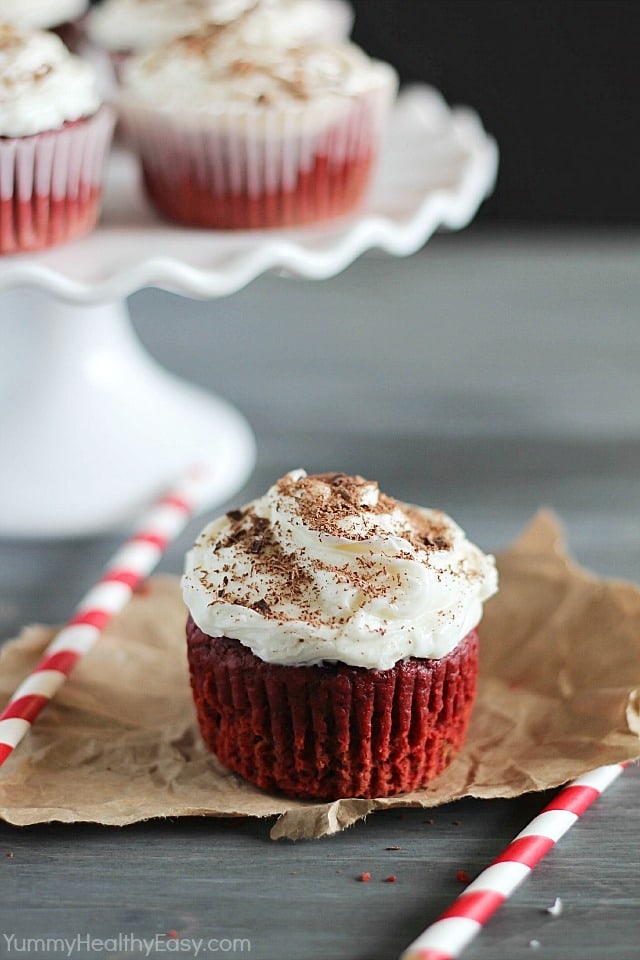 Red Velvet Beet Cupcakes that are fluffy, decadent and a bit healthier, too! There's much less red food coloring in this version of red velvet cupcakes!