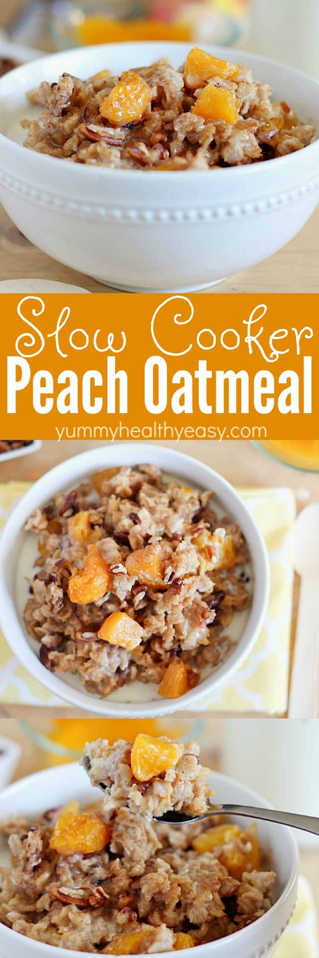 Slow Cooker Peach Oatmeal - healthy oatmeal cooked right in the slow cooker with peaches, pecans and cinnamon. An easy, healthy and delicious breakfast! AD via @jennikolaus