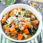 Comforting and delicious soup filled with sweet potatoes, sausage, kale and small pasta shells. Perfect dinner on a cold fall or winter evening!
