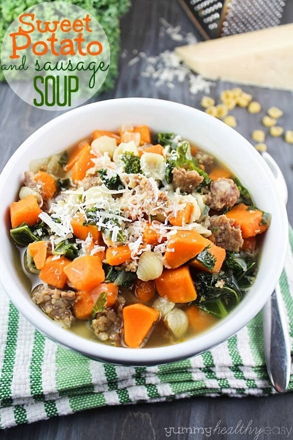 Comforting soup filled with sweet potatoes, sausage, kale and small pasta shells. Perfect dinner on a cold fall or winter evening! #soup #winter #fall #fallrecipe #recipe #souprecipe via @jennikolaus