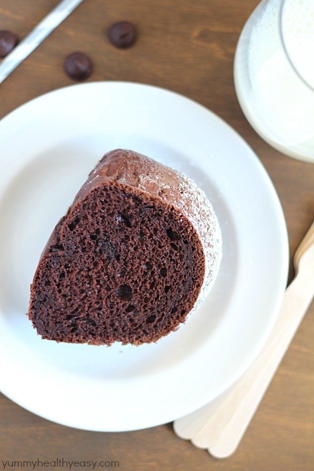 Skinny Chocolate Bundt Cake - delicious lower-fat bundt cake that's made with a cake mix, sugar-free pudding, applesauce and greek yogurt. Super moist and deceivingly decadent!