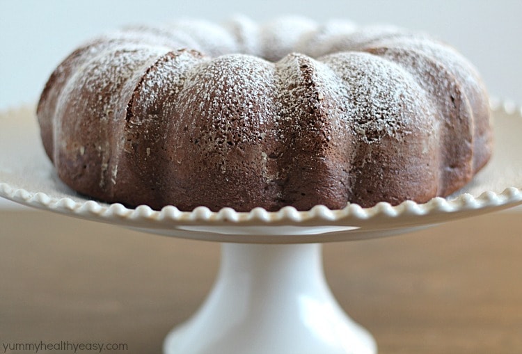 Skinny Chocolate Bundt Cake - delicious lower-fat bundt cake that's made with a cake mix, sugar-free pudding, applesauce and greek yogurt. Super moist and deceivingly decadent!