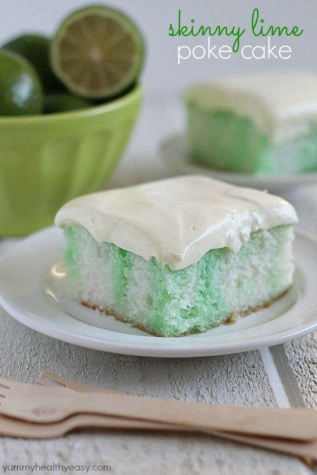Skinny Lime Poke Cake recipe made using a white cake mix, two egg whites and diet lemon-lime soda. Then it's poked and poured over with sugar-free lime Jell-o and spread with a creamy pudding topping!