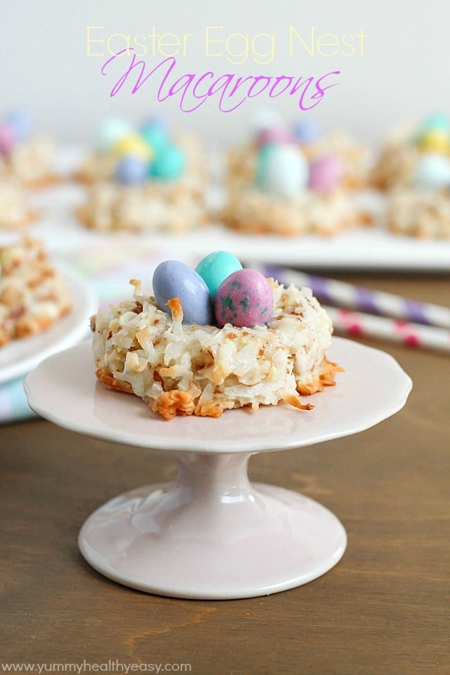 Delicious little nests made out of macaroon cookies and then topped with M&M Easter egg candies. Perfect for spring!