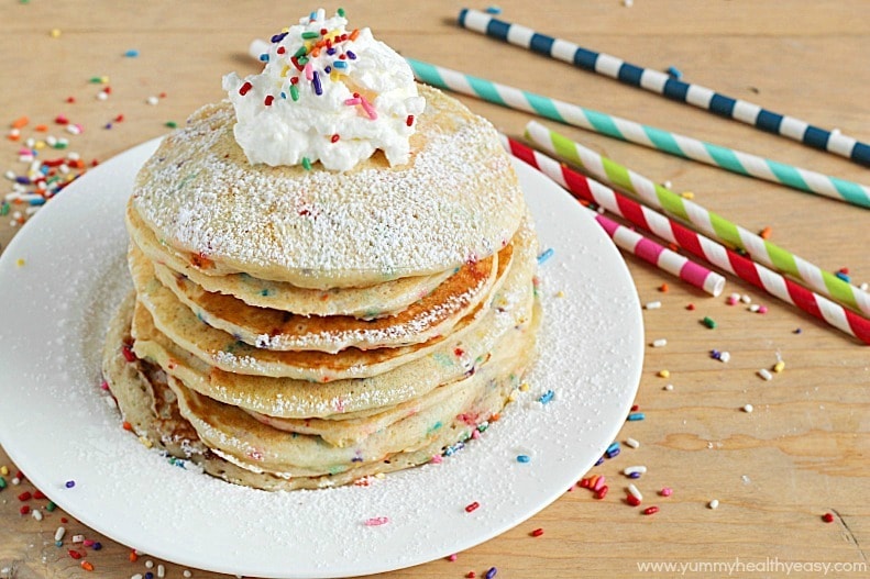 EASY and festive Funfetti Pancakes from scratch! These are perfect for celebrating someone special's Birthday…or just because!
