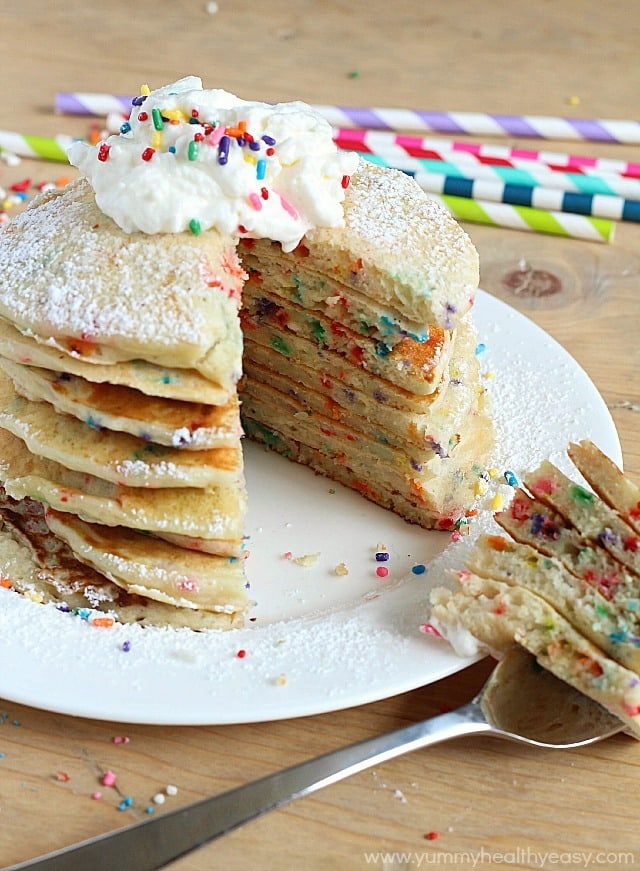 EASY and festive Funfetti Pancakes from scratch! These are perfect for celebrating someone special's Birthday…or just because!
