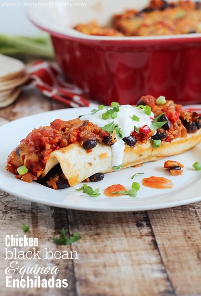 Healthy and delicious enchiladas with chicken, black beans and quinoa rolled inside flour tortillas. Guiltless and easy dinner!