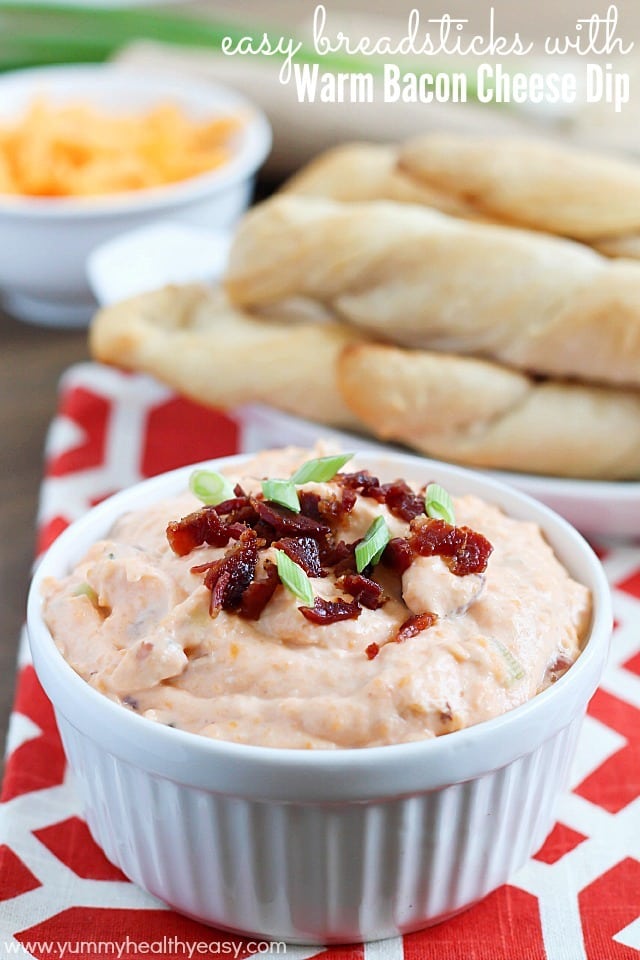 Delicious and super EASY breadsticks (made with Pillsbury Grands! Biscuits) and a warm bacon cheese dip to dunk them in!!