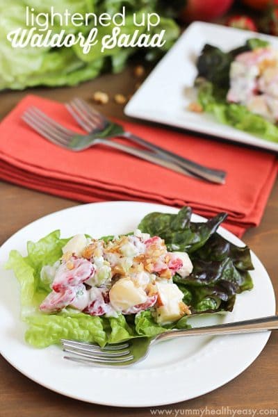 Lightened Waldorf Salad uses non-fat yogurt instead of all mayonnaise. Crunchy, sweet, savory, healthy & delicious!