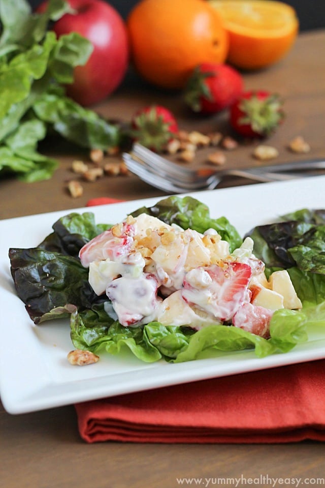 Lightened Waldorf Salad uses non-fat yogurt instead of all mayonnaise. Crunchy, sweet, savory, healthy & delicious!