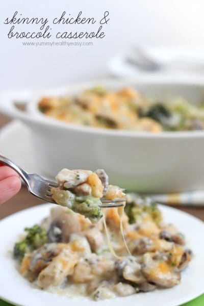 This healthy casserole is filled with chicken, broccoli and mushrooms in a light & creamy sauce. Your family will love it!