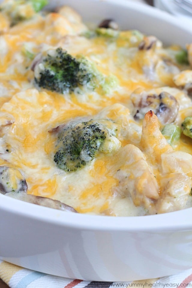 This healthy casserole is filled with chicken, broccoli and mushrooms in a light & creamy sauce. Your family will love it!
