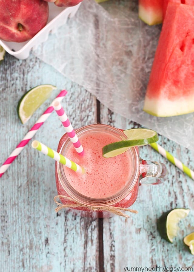 Easy Watermelon Peach Cooler - a delicious drink made from ripe peaches and watermelon then mixed with lemon-lime soda. Refreshing, healthy and easy!